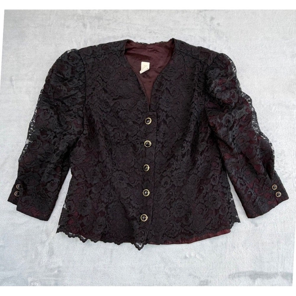 Vtg 80s Whimsigoth Black Burgundy Lace Jacket 20 Steampunk Victorian Revival USA